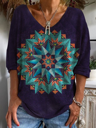 Women's Tribal Geometric Print T-Shirts Casual V-Neck Long Sleeve T-Shirt