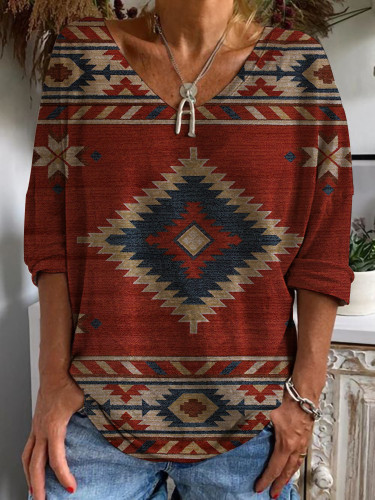 Women's Tribal Aztec Print T-Shirts Casual Long Sleeve T-Shirt