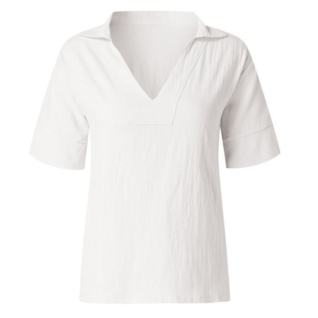 Women's Cotton Linen Shirt V-Neck Mid Sleeve Solid Casual Blouse