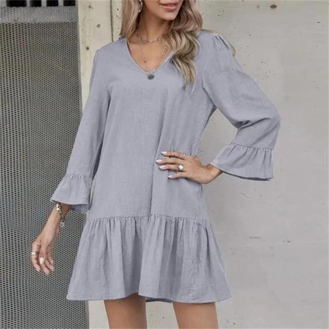 Women's V-Neck Solid Cotton Linen Pleated Midi Dress