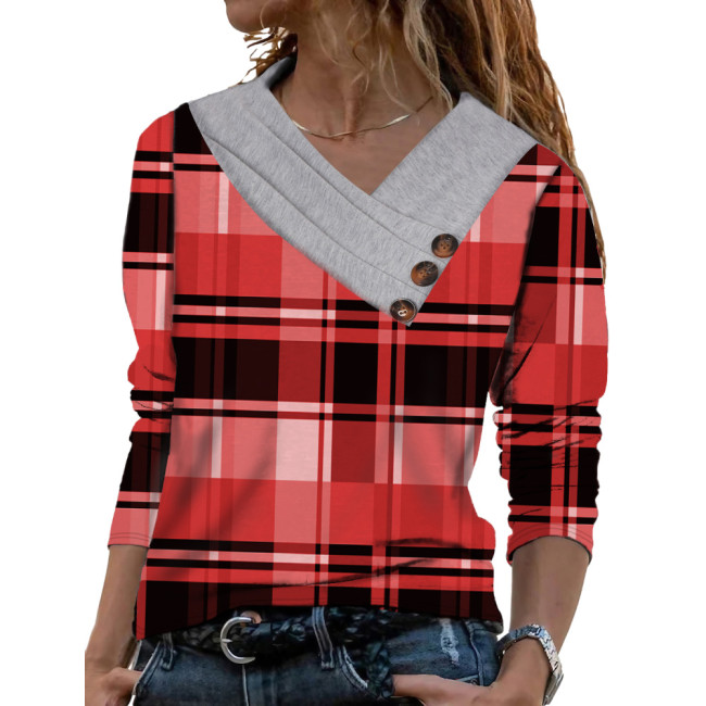 Women's Vintage Geo Print V-Neck Casual Long Sleeve T-Shirt