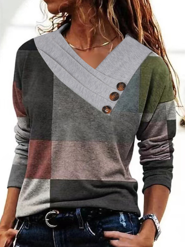 Women's Vintage Geo Print V-Neck Casual Long Sleeve T-Shirt