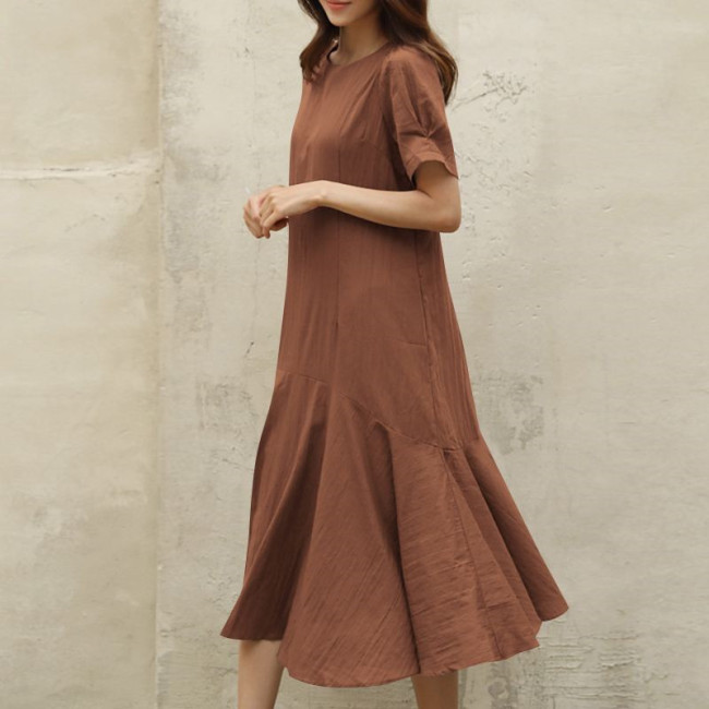 Women's Solid Cotton Linen Dress Crew Neck Short Sleeve Summer Midi Dress