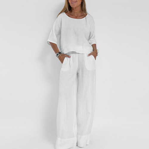 Women's 2Piece Set Solid Crew Neck Short Sleeve Top and Wide Leg Long Pant