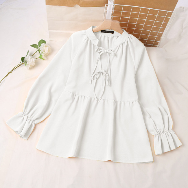 Women's Lace up V-neck Ruffle Long Sleeved Casual Shirt Blouse