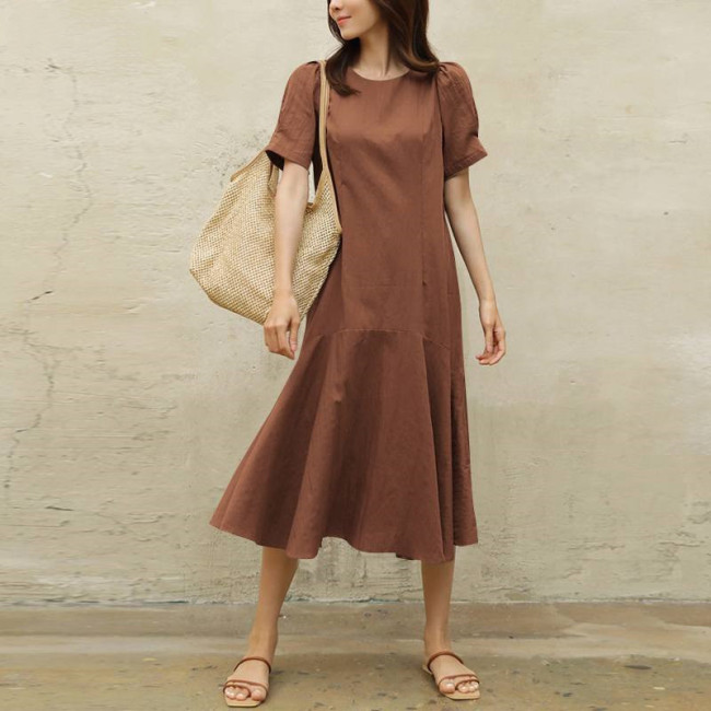 Women's Solid Cotton Linen Dress Crew Neck Short Sleeve Summer Midi Dress