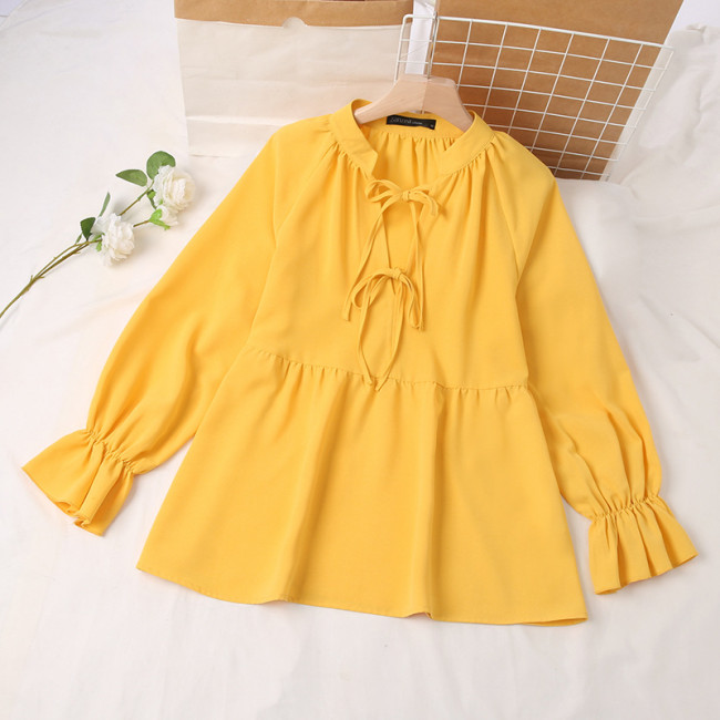 Women's Lace up V-neck Ruffle Long Sleeved Casual Shirt Blouse