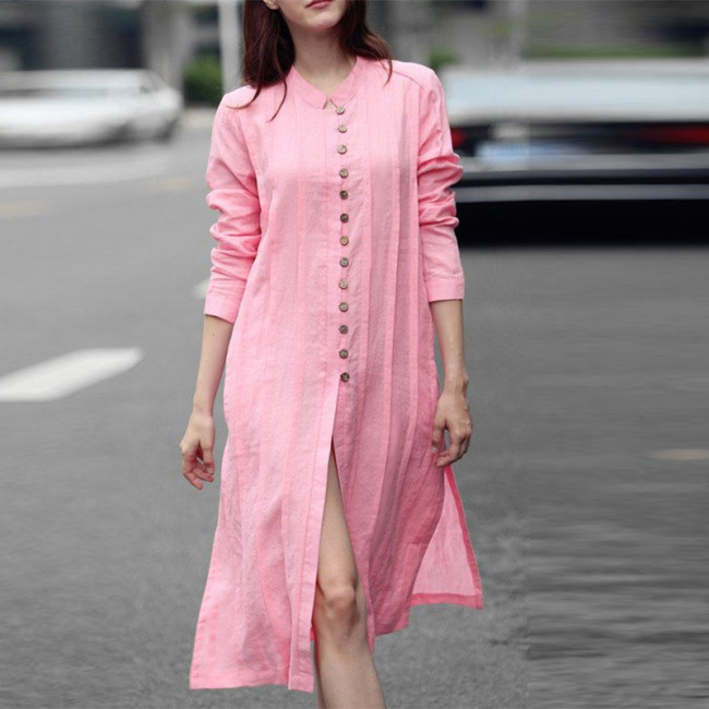 Women's Solid Shirt Dress Stand Collar Side Slit Shirt Dress