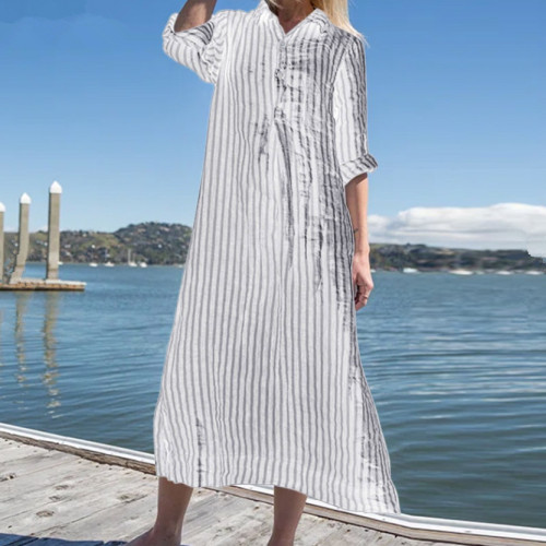 Women's Striped Shirt Dress Polo Collar A Line Loose Cotton Linen Shirt Dress
