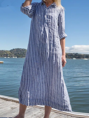 Women's Striped Shirt Dress Polo Collar A Line Loose Cotton Linen Shirt Dress