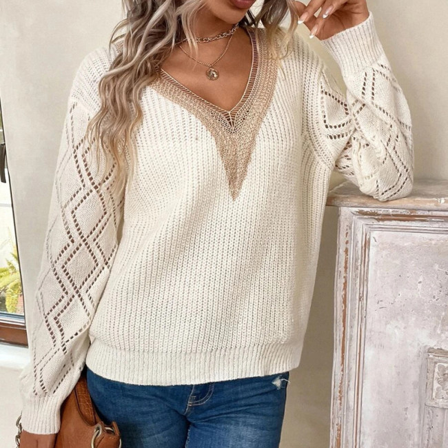 Women's Sweater Pullover Lace V-Neck Loose Solid Sweater