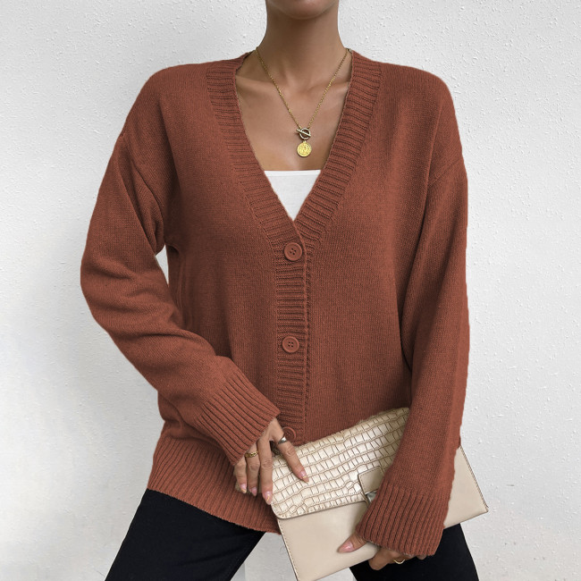 Women's Sweater Cardigan V-Neck Single Breasted Loose Solid Fall Sweater