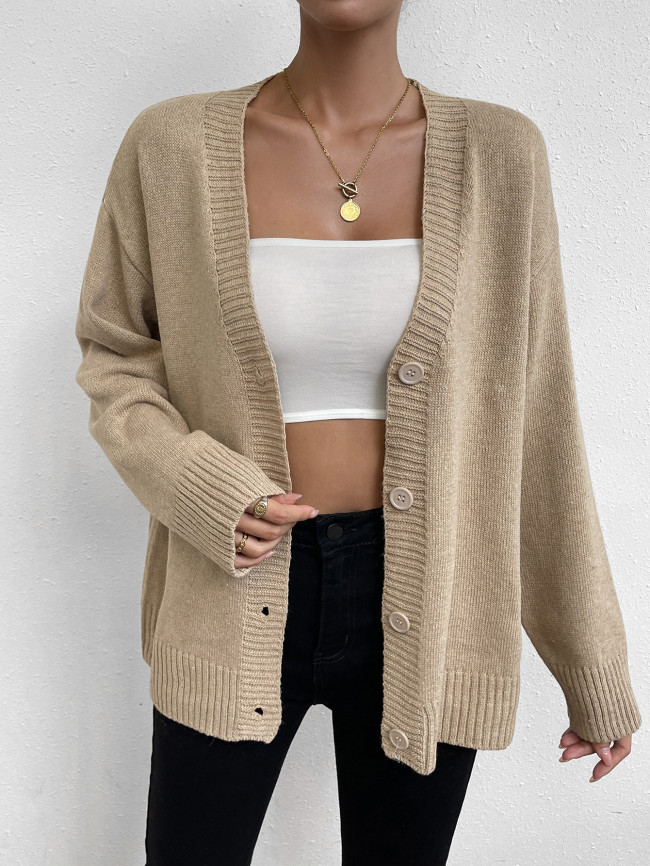 Women's Sweater Cardigan V-Neck Single Breasted Loose Solid Fall Sweater