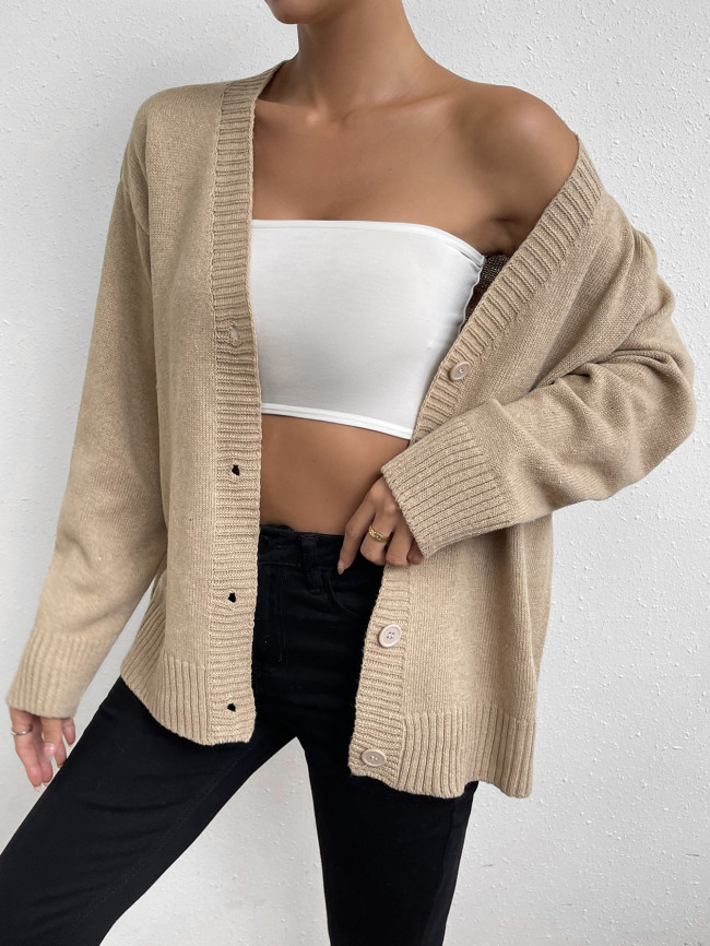 Women's Sweater Cardigan V-Neck Single Breasted Loose Solid Fall Sweater