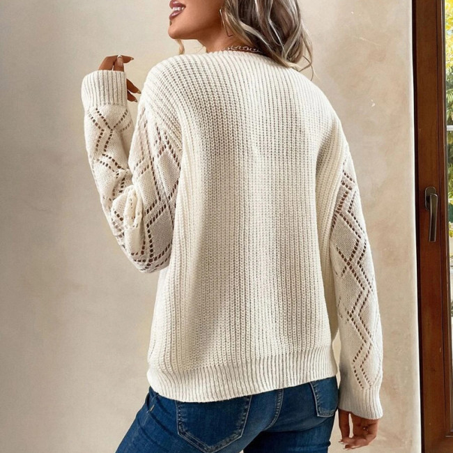 Women's Sweater Pullover Lace V-Neck Loose Solid Sweater