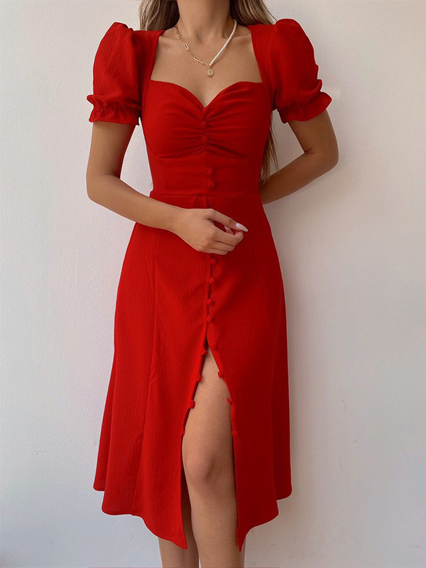 Women's French Single Breasted Sexy Slit Dress