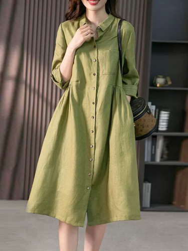Women's Cotton Linen Midi Dress Lapel Single Breasted Long Sleeve Shirt Dress