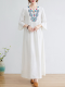 Women's Cotton Linen Maxi Dress V-Neck Mid Sleeve Embroidery Floral Casual Dress