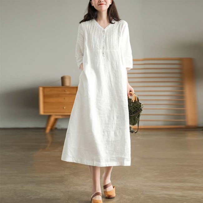 Women's Cotton Linen Midi Dress V-Neck Pleated Casual Dress
