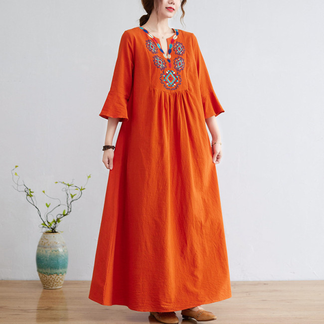 Women's Cotton Linen Maxi Dress V-Neck Mid Sleeve Embroidery Floral Casual Dress