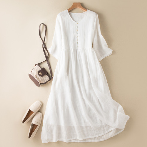 Women's Cotton Linen Midi Dress V-Neck Mid Sleeve Summer Casual Dress