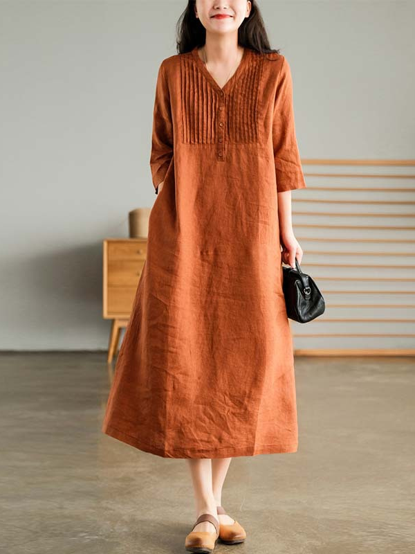 Women's Cotton Linen Midi Dress V-Neck Pleated Casual Dress