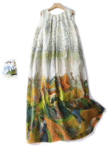 Women's Cotton Linen Midi Dress Crew Neck Sleeveless Oil Painting Dress