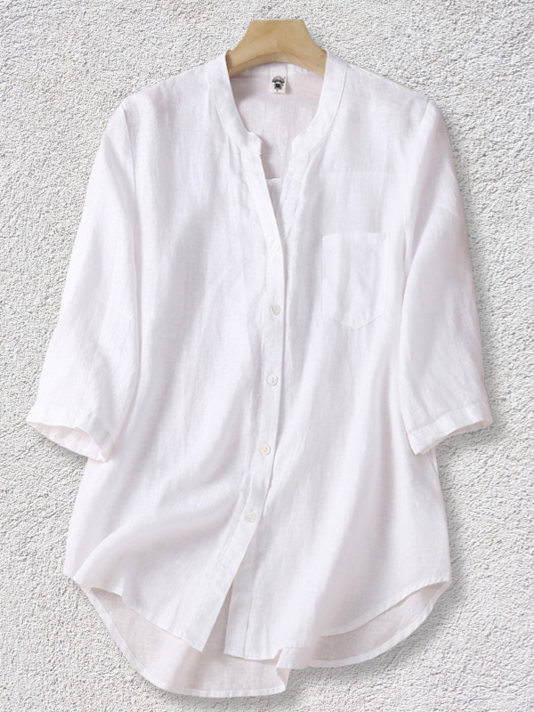 Women's Cotton Linen Solid Shirt V-Neck Mid Sleeve Shirt Blouse