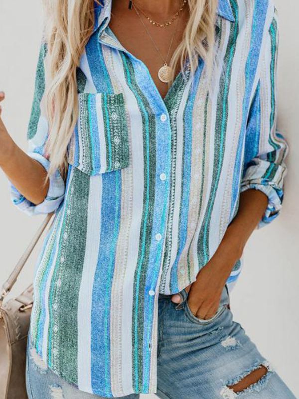 Women's Colorful Stripe Shirt Long Sleeve Lapel Shirts Top