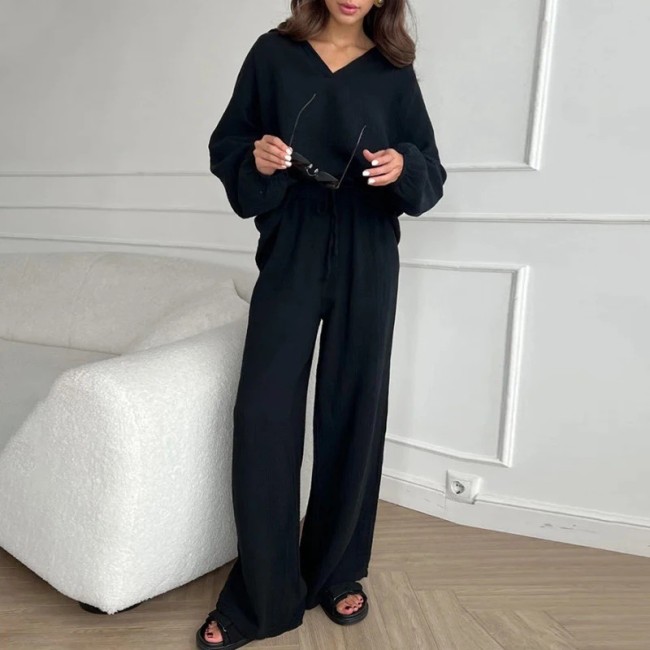 Women's 2Piece Set Solid V-Neck Long Sleeve Casual Top and Wide Leg Pant