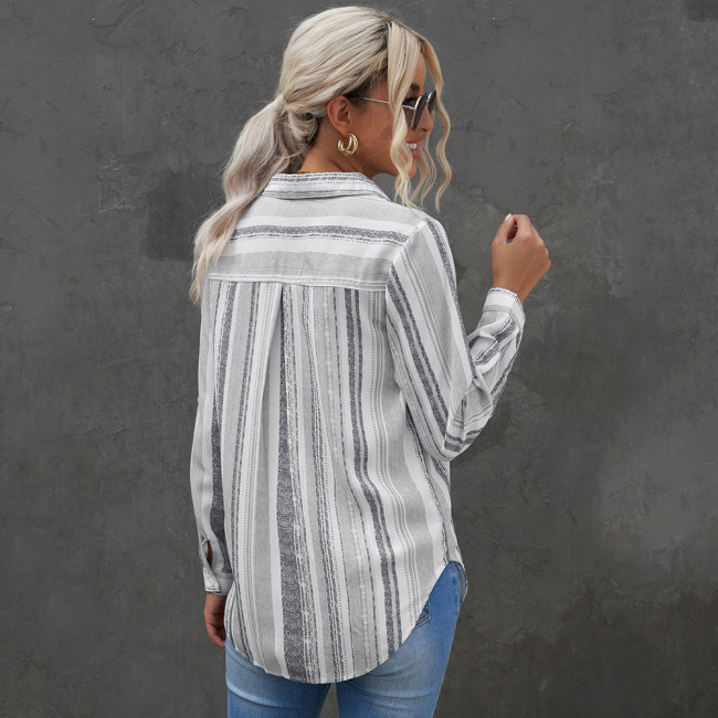 Women's Colorful Stripe Shirt Long Sleeve Lapel Shirts Top