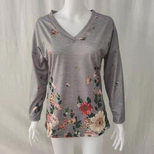 Women's Vintage Floral T-Shirt V-Neck Long Sleeve Tee