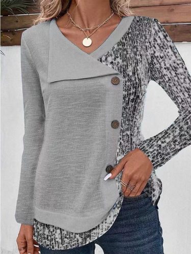 Women's V Neck Long Sleeve Patchwork Colorblock Tee