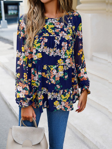 Women's 2024 Chiffon Floral Shirt Long Sleeve Flower Boho Blouse