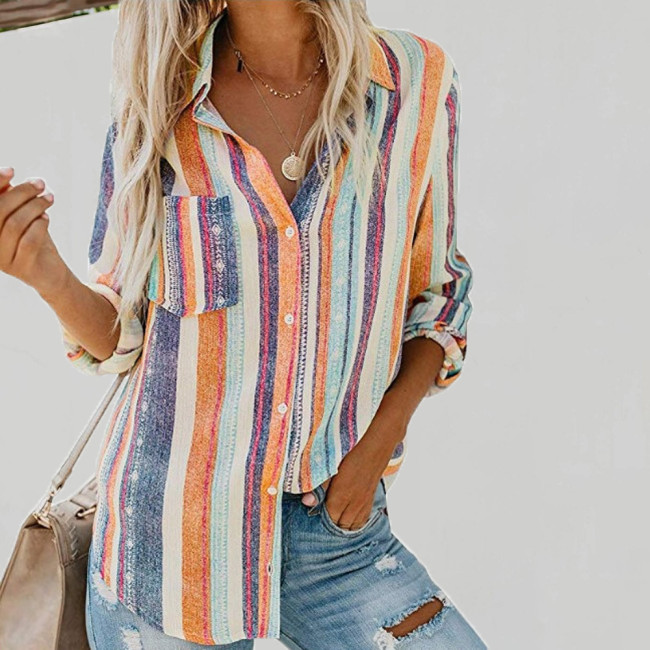 Women's Colorful Stripe Shirt Long Sleeve Lapel Shirts Top