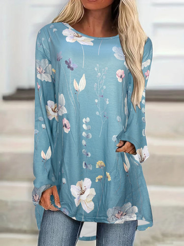 Women's Vintage Floral T-Shirt Crew Neck Long Sleeve Tee