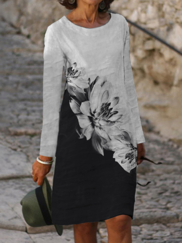 Women's Vintage Floral Long Sleeve Crew Neck Midi Dress