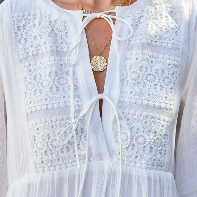 Women's Boho Dress White V-Neck Long Sleeve Mini Dress