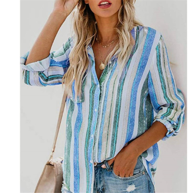 Women's Colorful Stripe Shirt Long Sleeve Lapel Shirts Top