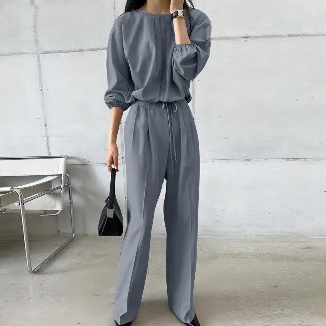 Women's 2Piece Set Solid Crew Neck Long Sleeve Casual Top and Wide Leg Pant