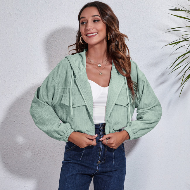 Women's Hooded Corduroy Crop Jacket