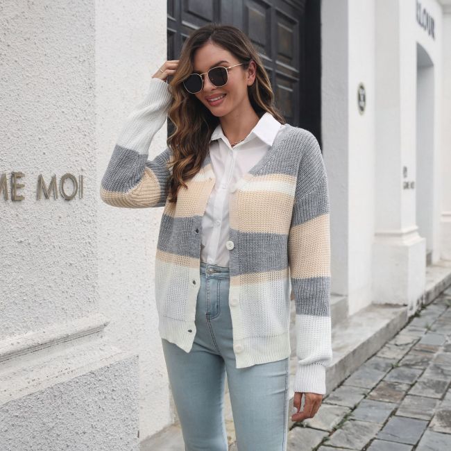 Women's Stripe Color Block Sweater Cardigan