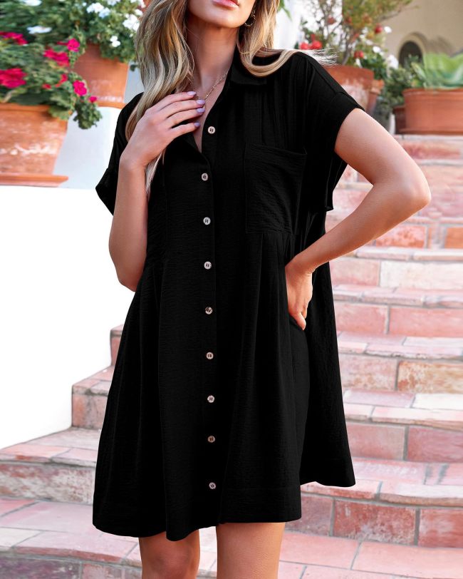 Women's Casual Basic Shirt Dress Lapel Short Sleeve Single Breasted Mini Dress