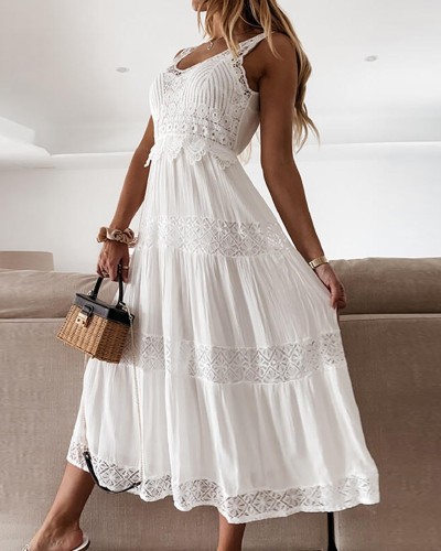 Women's Boho Dress V-Neck Sleeveless Lace High End Bohemian Dress White Dress