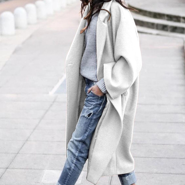Women's Casual Lapel Loose Jacket Woolen Long Jacket
