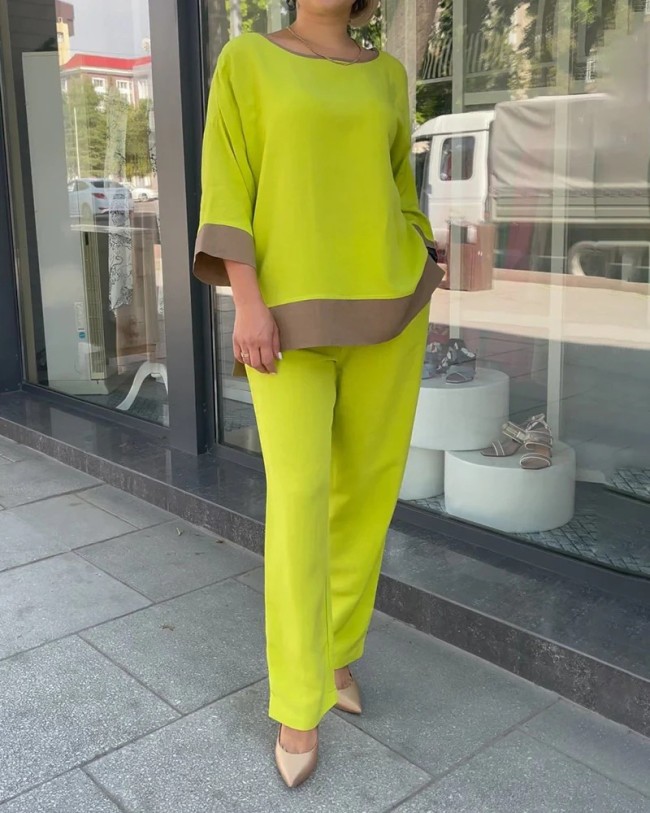 Women's 2Piece Set Green Color Block Crew Neck Top and Wide Leg Straight Pant
