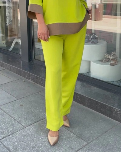 Women's 2Piece Set Green Color Block Crew Neck Top and Wide Leg Straight Pant