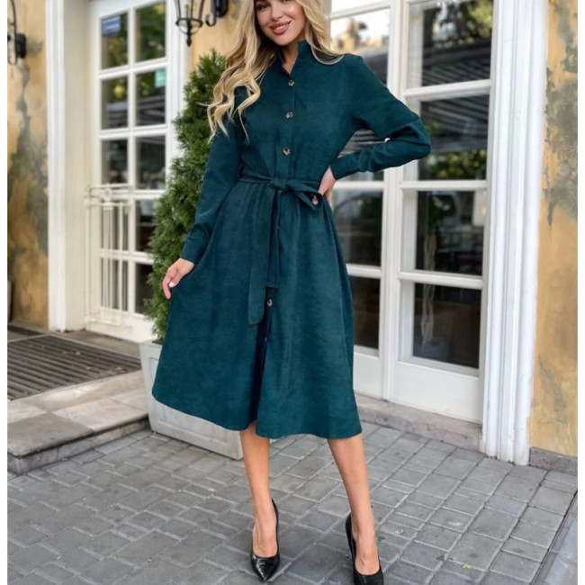 Women's Winter Dress Solid Stand Collar Single Breasted Heavy Weight Midi Dress