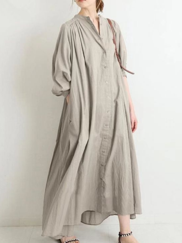 Women's Solid Loose Dress Long Sleeve Single Breasted Long Maxi Dress