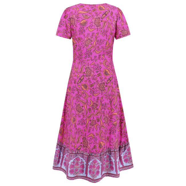 Women's Boho Dress V-Neck Short Sleeve Floral Print Maxi Dress Bohemian Dress